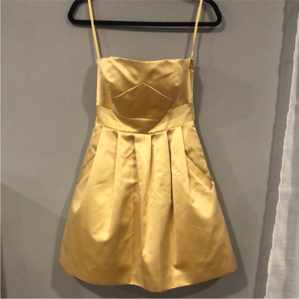 Max & Cleo Yellow Pleated Satin Strapless Party Dress NWT